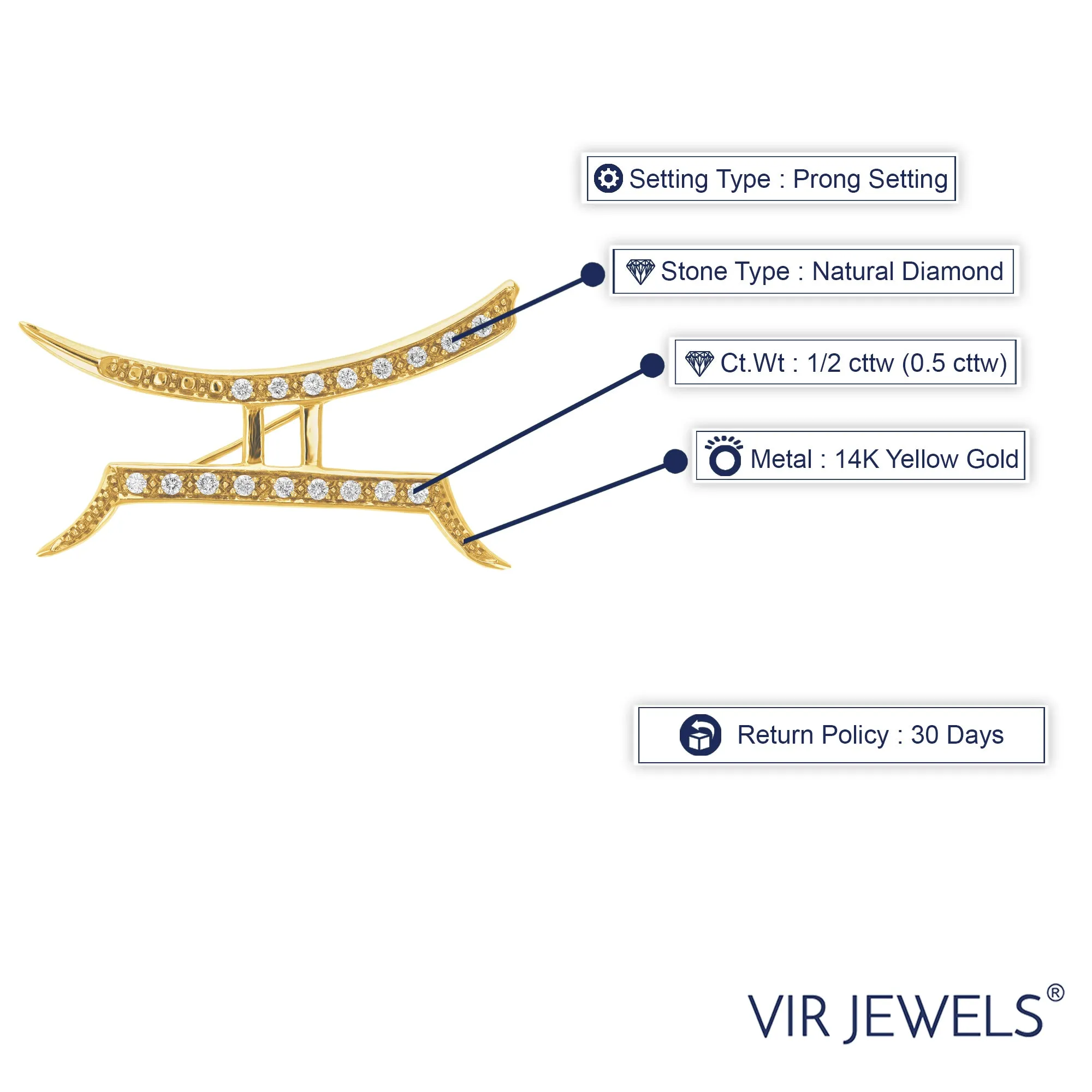 1/2 cttw Diamond Prong Set Brooch Pin in 14K Gold