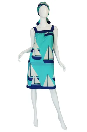 1960s Hermes SailBoat Print Shift Dress & Scarf