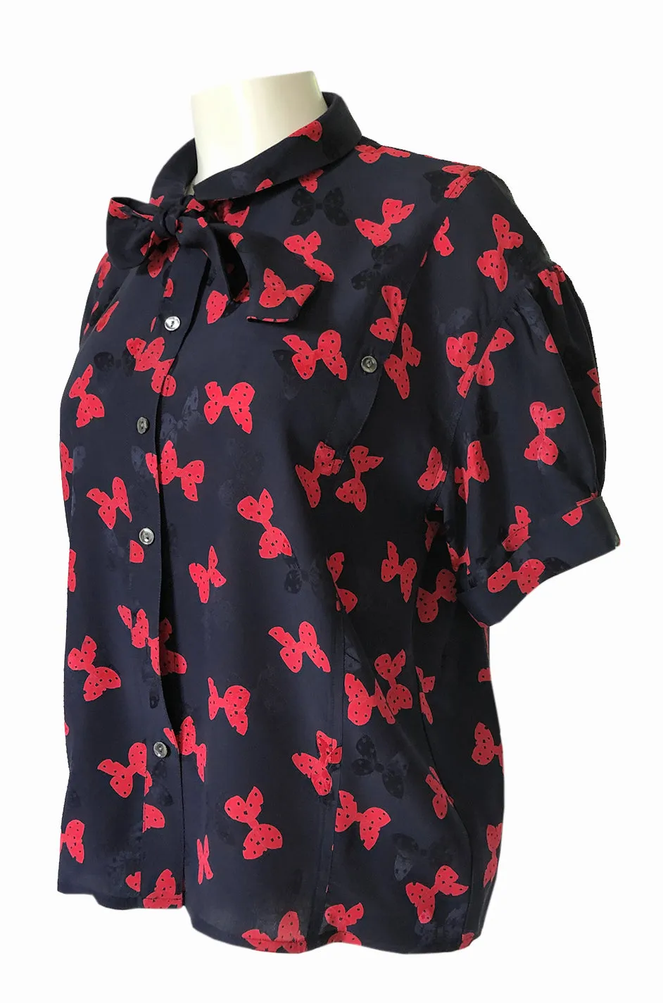 1970s Chloe Butterfly Bow Print Navy & Red Silk Top w Tie