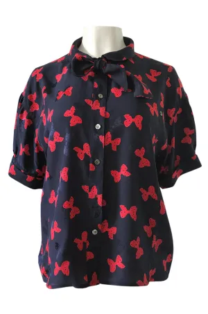 1970s Chloe Butterfly Bow Print Navy & Red Silk Top w Tie