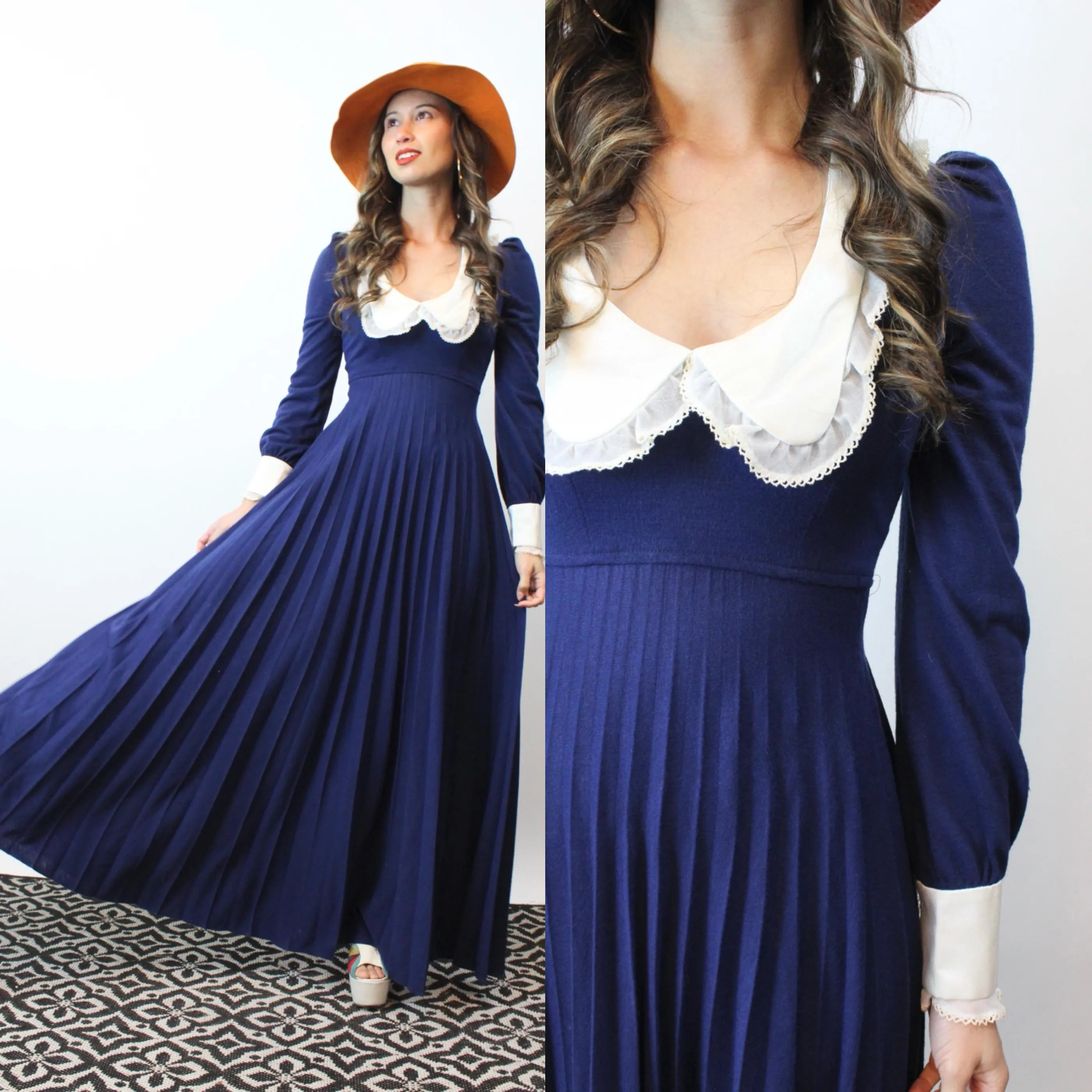 1970s MAXI jersey pleated dress SATIN collar xs | new fall winter