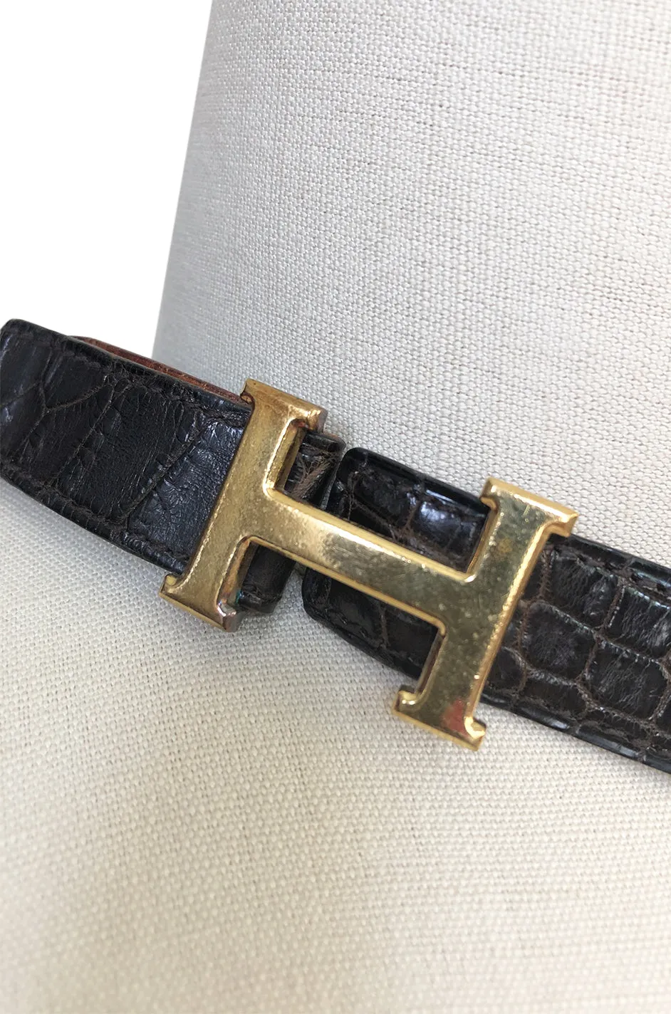1974 Hermes Authentic Brown Crocodile and Gold H Belt