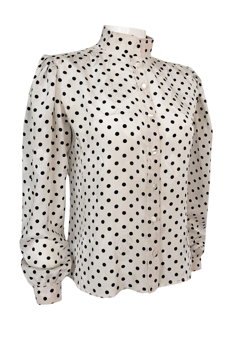 1980s Emanuel Ungaro Black and White Dot Printed Silk Top