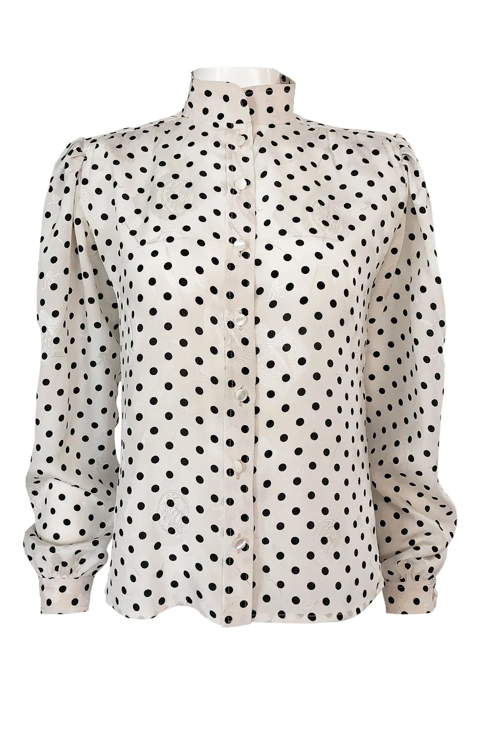 1980s Emanuel Ungaro Black and White Dot Printed Silk Top