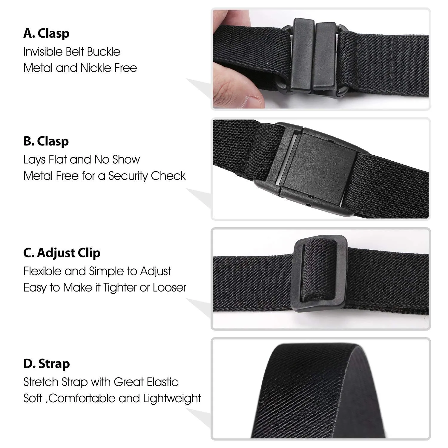 2 Pack Invisible Women Stretch Belt No Show Elastic Web Strap Belt with Flat Buckle for Jeans Pants Dresses