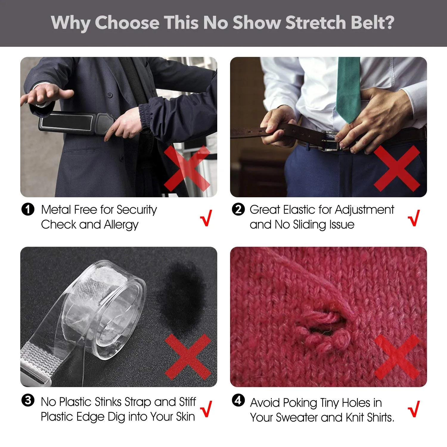 2 Pack Invisible Women Stretch Belt No Show Elastic Web Strap Belt with Flat Buckle for Jeans Pants Dresses