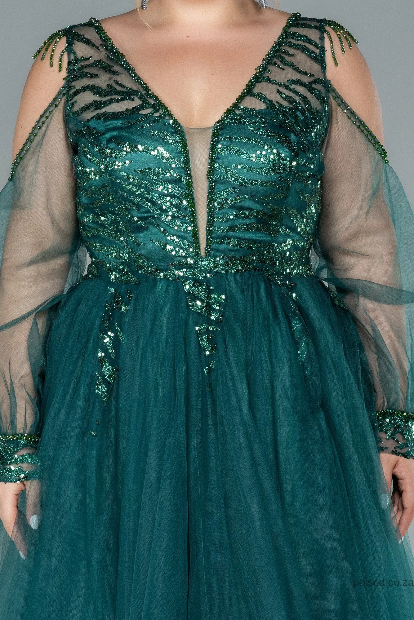 30071 Emerald Green Embroidered Open Back Tulle Princess Dress