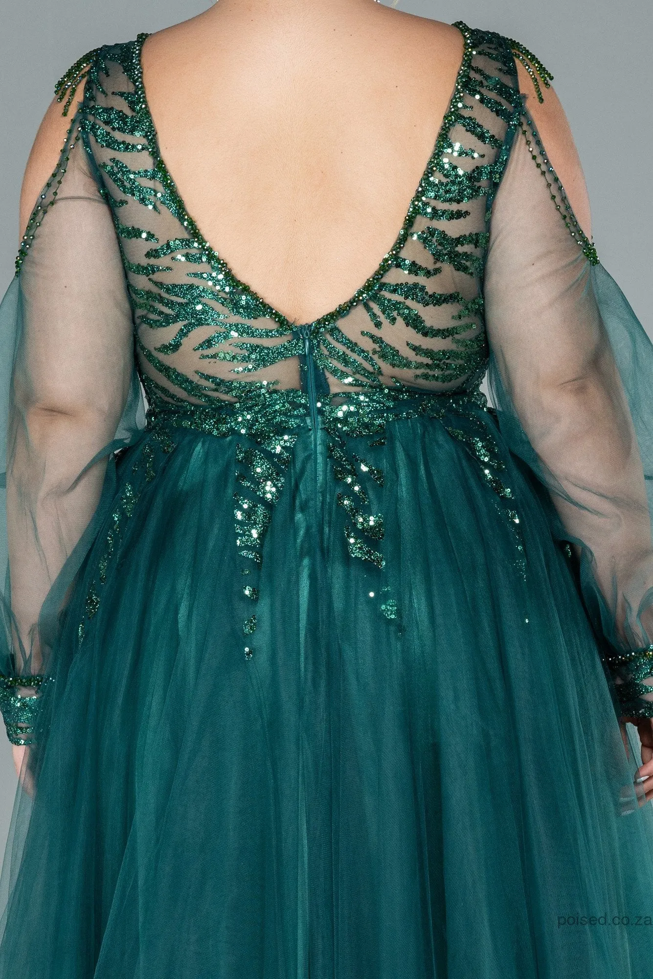 30071 Emerald Green Embroidered Open Back Tulle Princess Dress