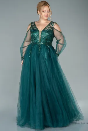 30071 Emerald Green Embroidered Open Back Tulle Princess Dress