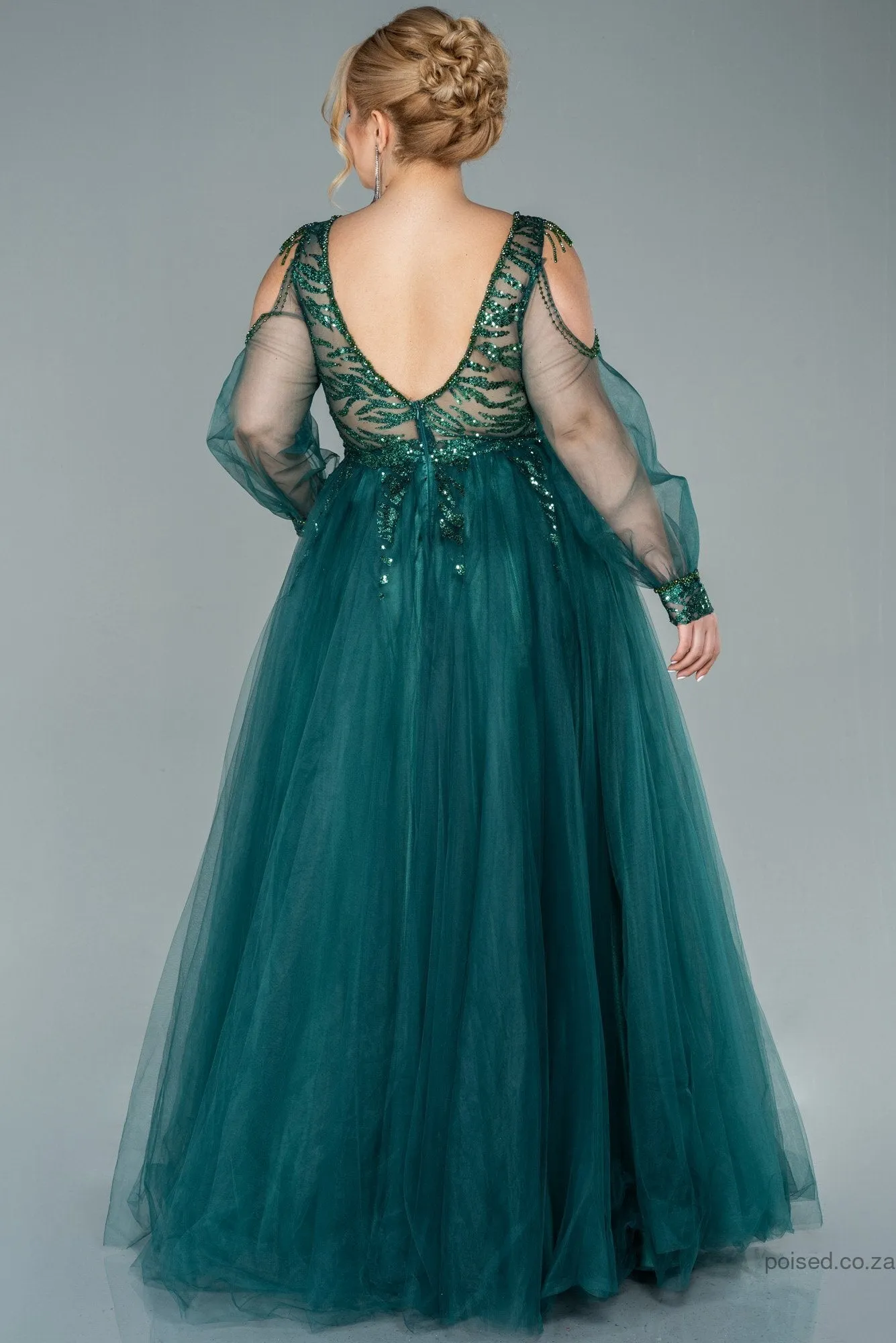 30071 Emerald Green Embroidered Open Back Tulle Princess Dress