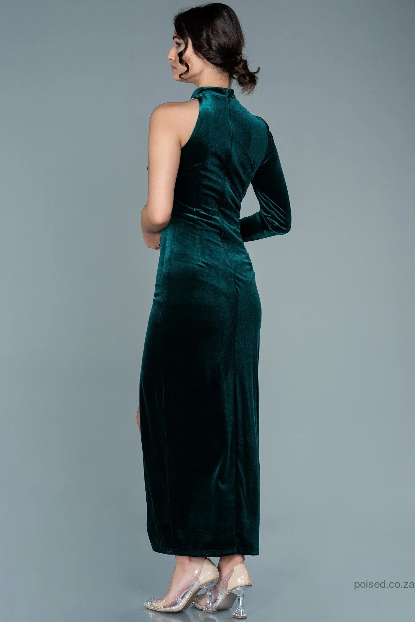 30103 Emerald Green Ruched One Sleeve Slit Velvet Dress