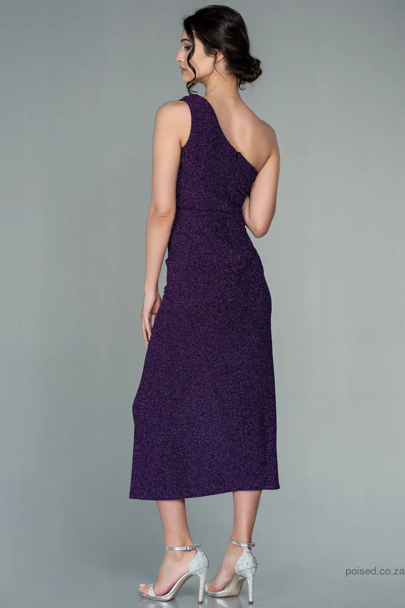 30107 Purple Glittery Slit One Shoulder Dress