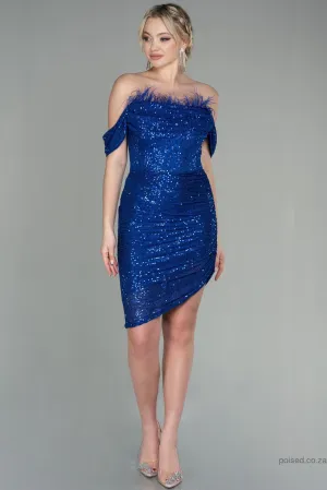 30123 Royal Blue Feather Detail Off-Shoulder Sequins Dress