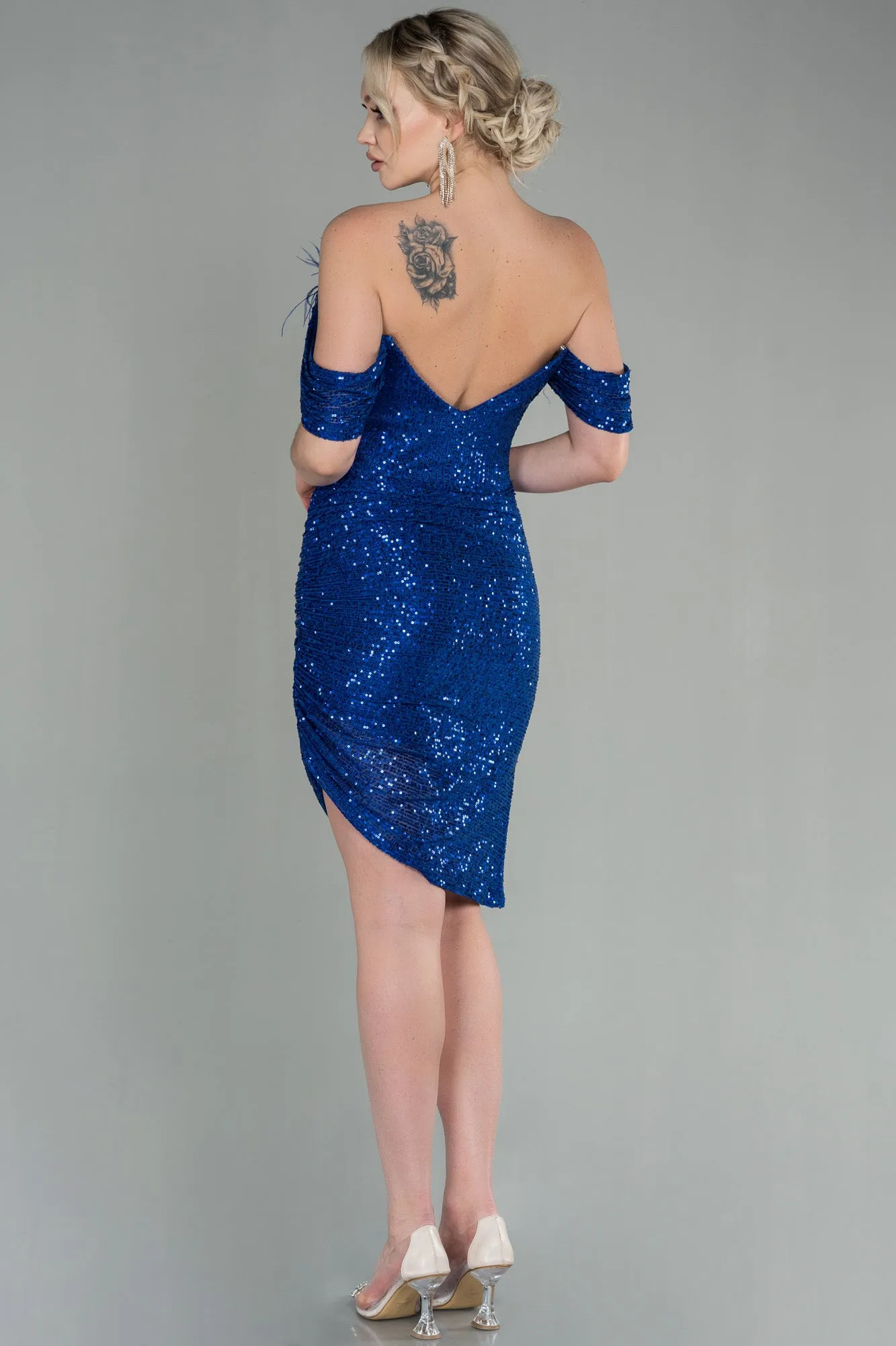 30123 Royal Blue Feather Detail Off-Shoulder Sequins Dress