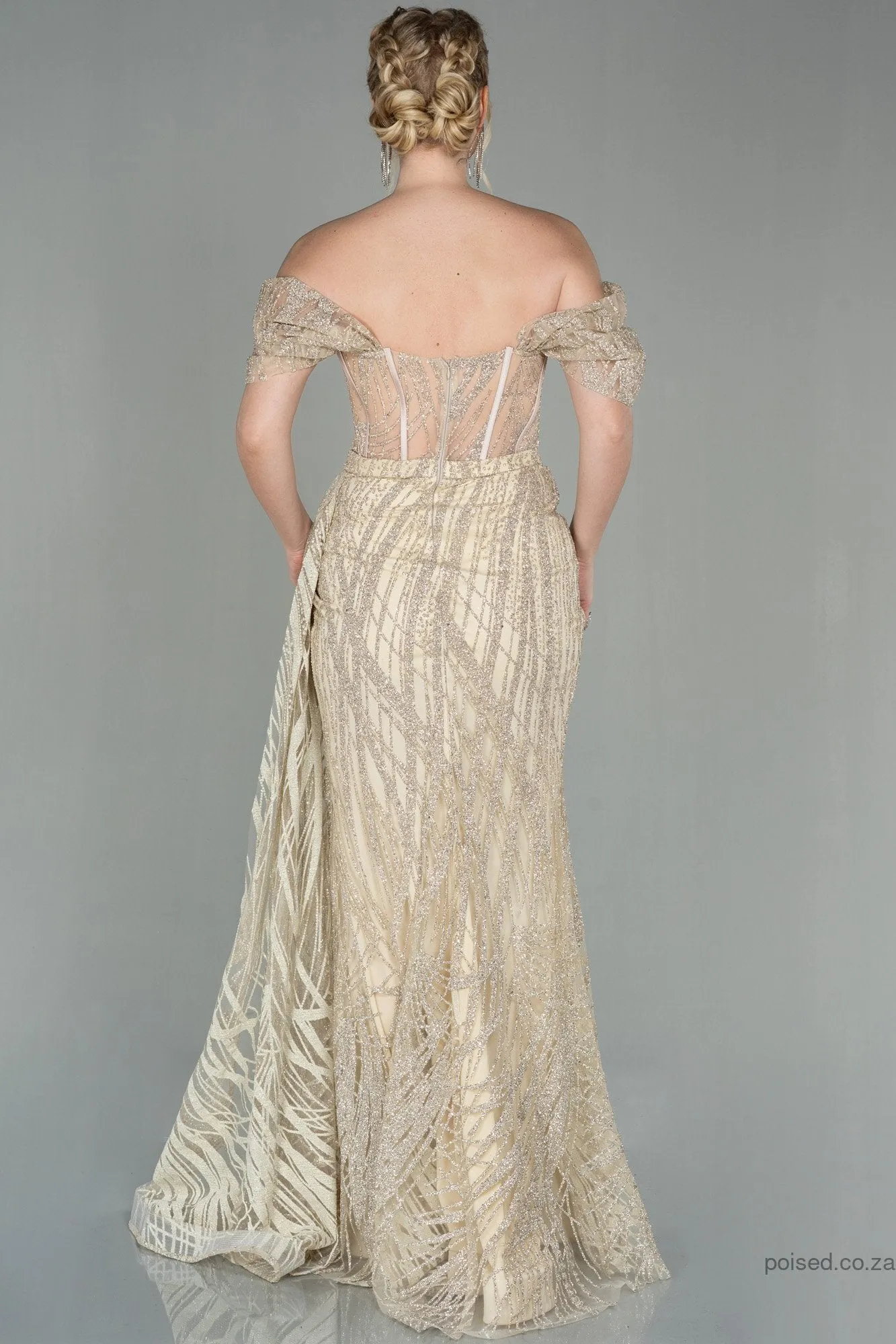30129 Gold Off-Shoulder Sheer Corset Slit Dress