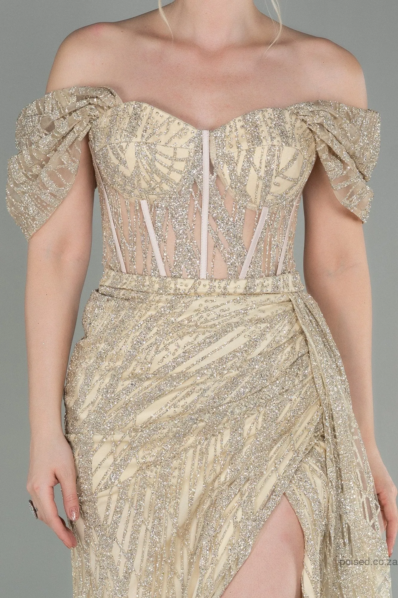 30129 Gold Off-Shoulder Sheer Corset Slit Dress
