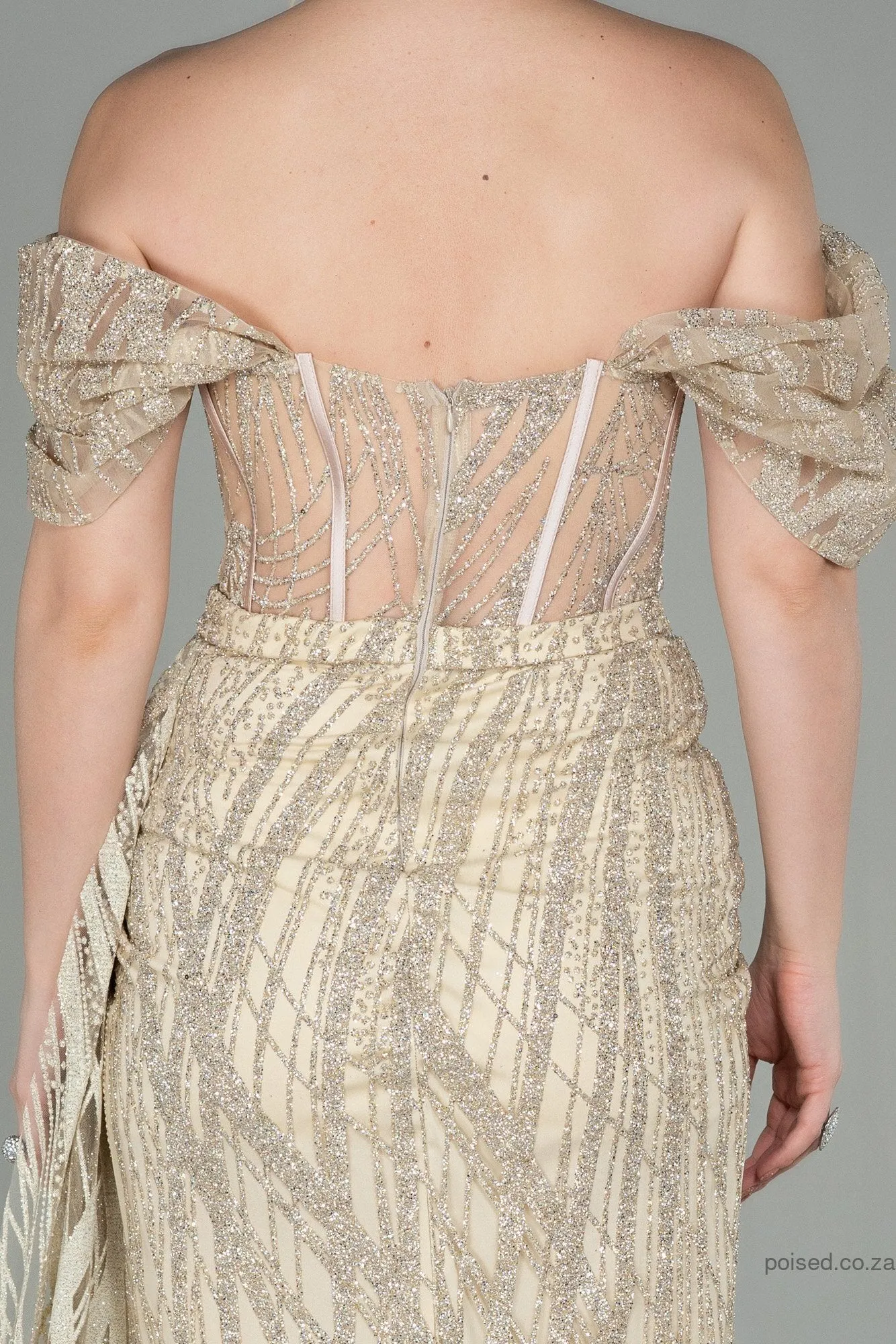 30129 Gold Off-Shoulder Sheer Corset Slit Dress