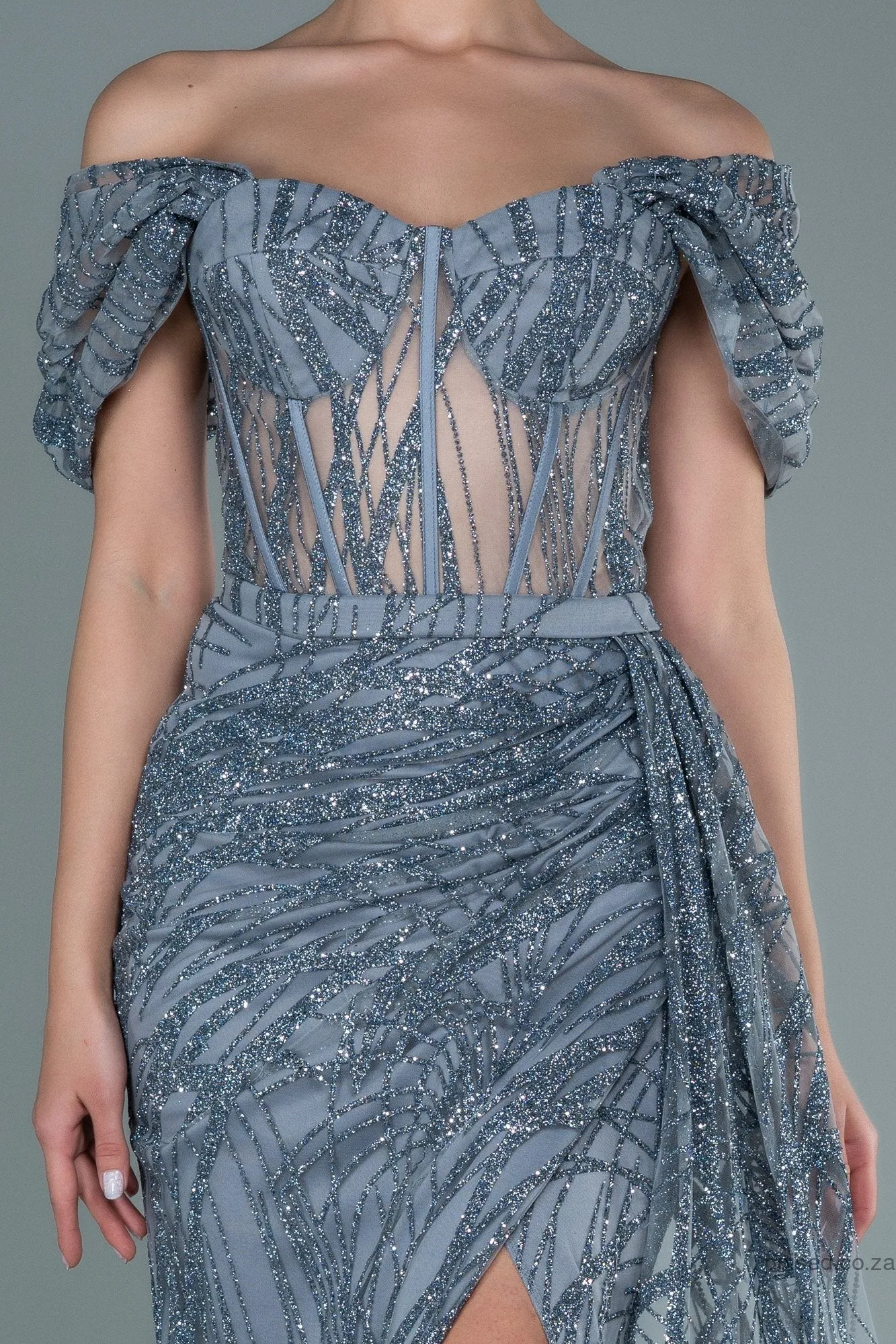 30131 Silver-Grey Off-Shoulder Sheer Corset Slit Dress