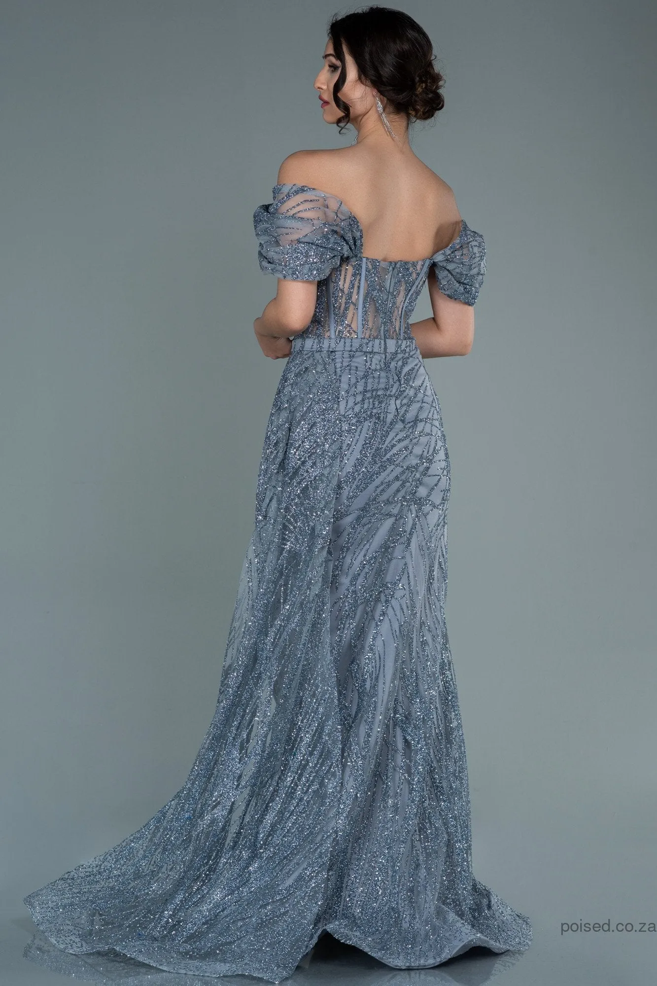 30131 Silver-Grey Off-Shoulder Sheer Corset Slit Dress