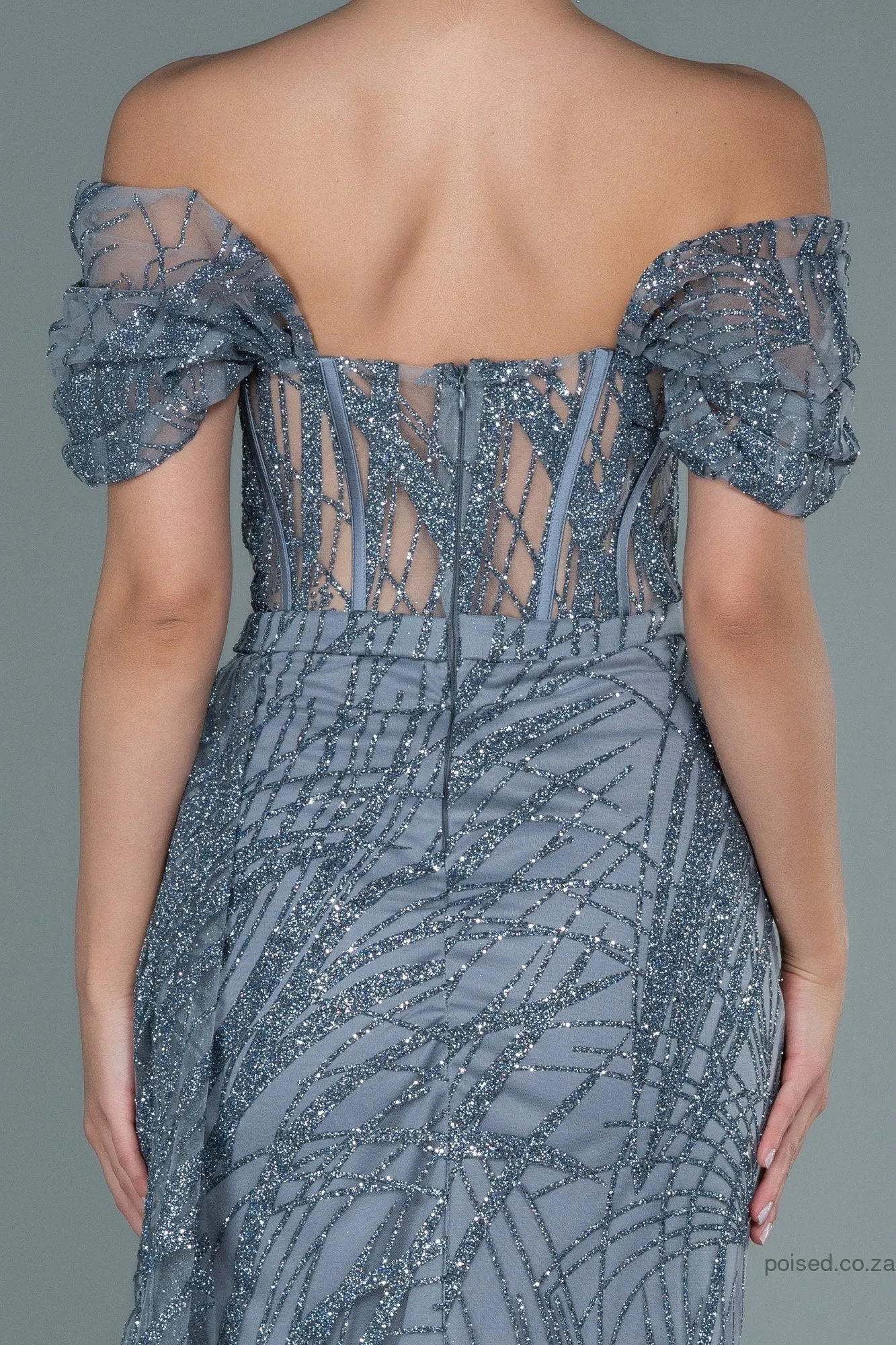 30131 Silver-Grey Off-Shoulder Sheer Corset Slit Dress