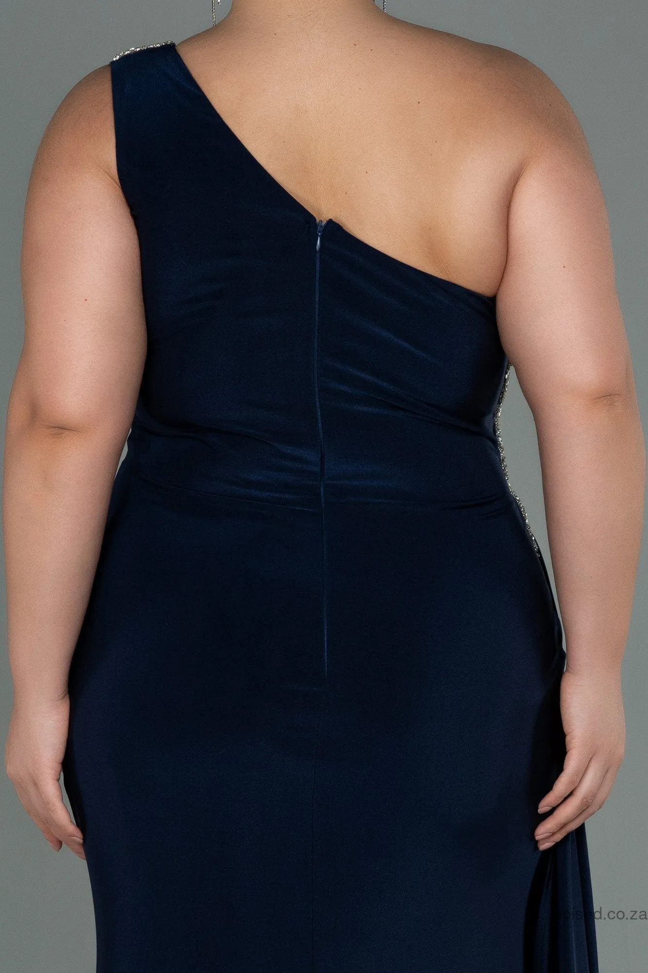 30153 Navy Blue Draped One Shoulder Slit Dress