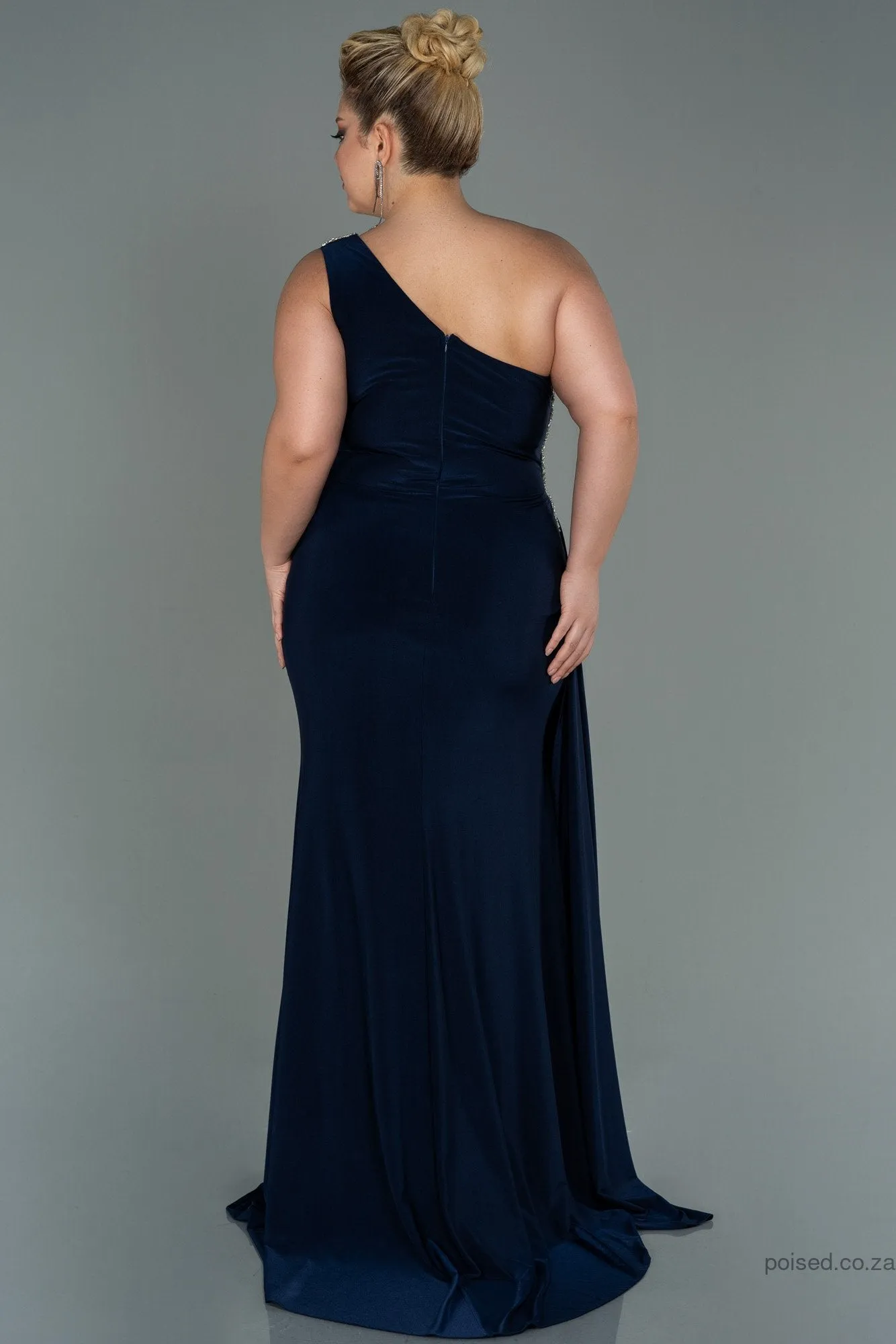 30153 Navy Blue Draped One Shoulder Slit Dress