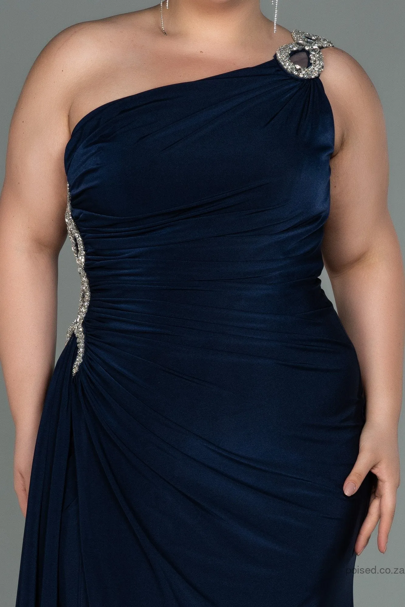 30153 Navy Blue Draped One Shoulder Slit Dress
