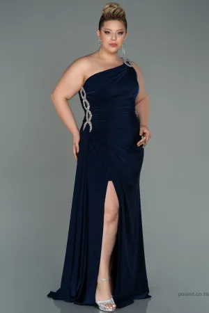 30153 Navy Blue Draped One Shoulder Slit Dress