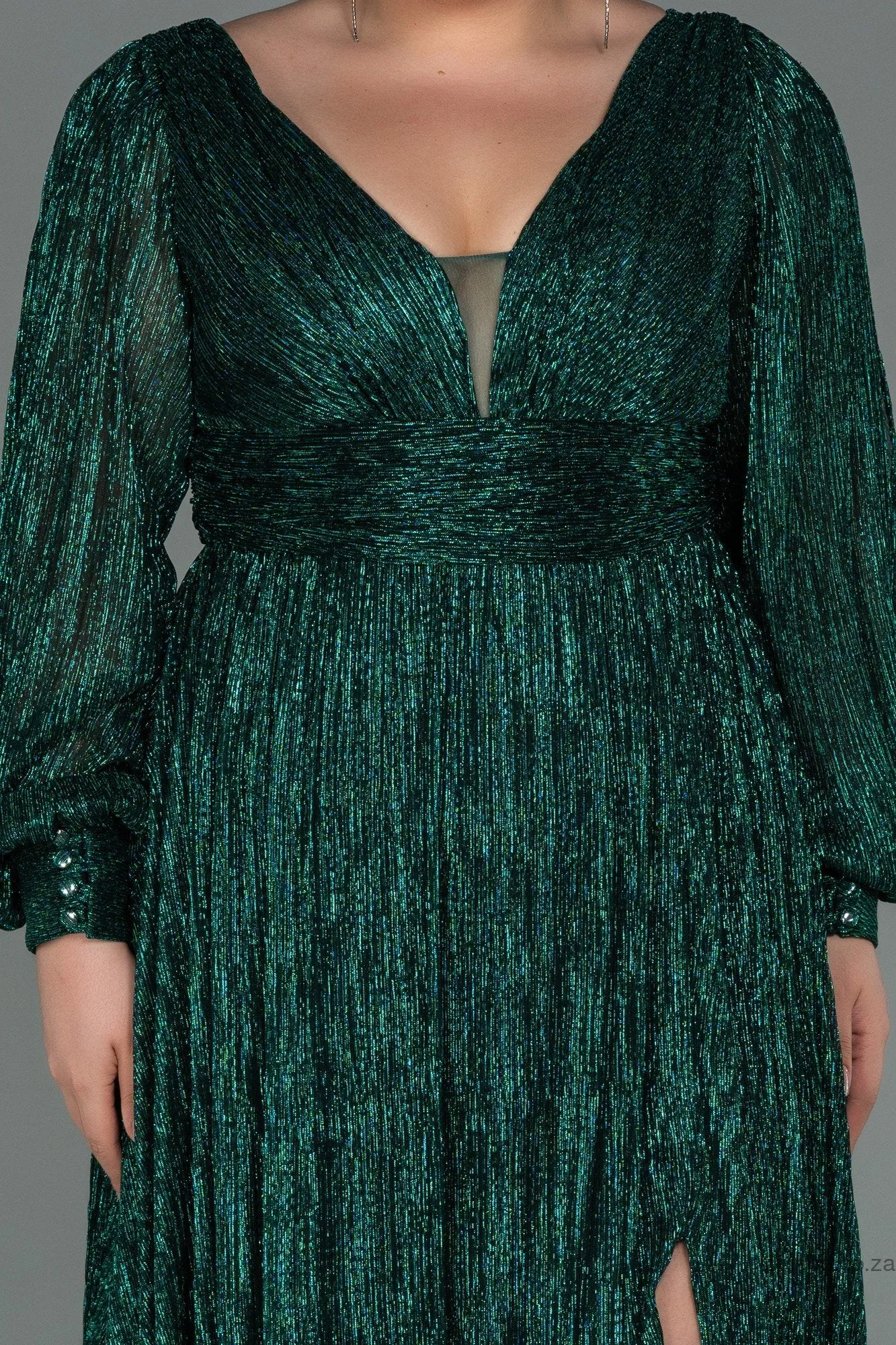 30157 Emerald Green Draped Waist Slit Sleeve Shimmer Dress