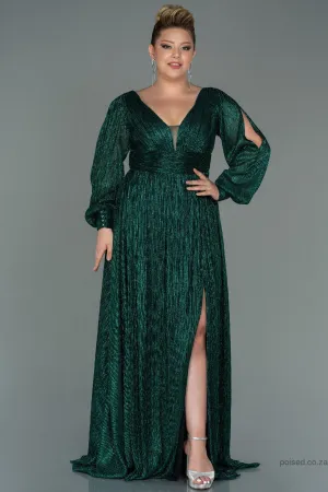 30157 Emerald Green Draped Waist Slit Sleeve Shimmer Dress