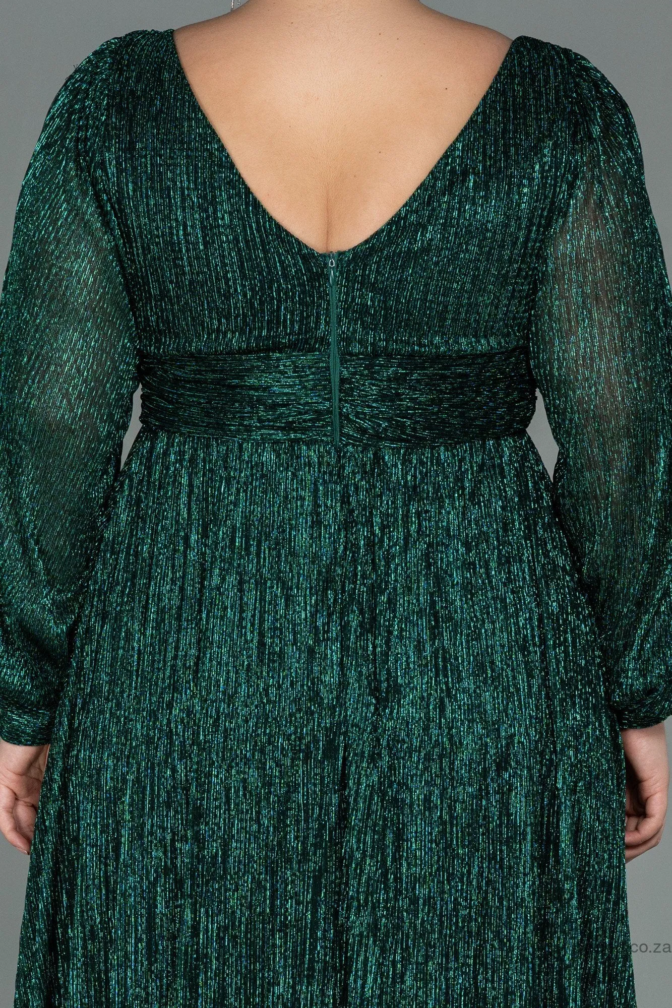 30157 Emerald Green Draped Waist Slit Sleeve Shimmer Dress