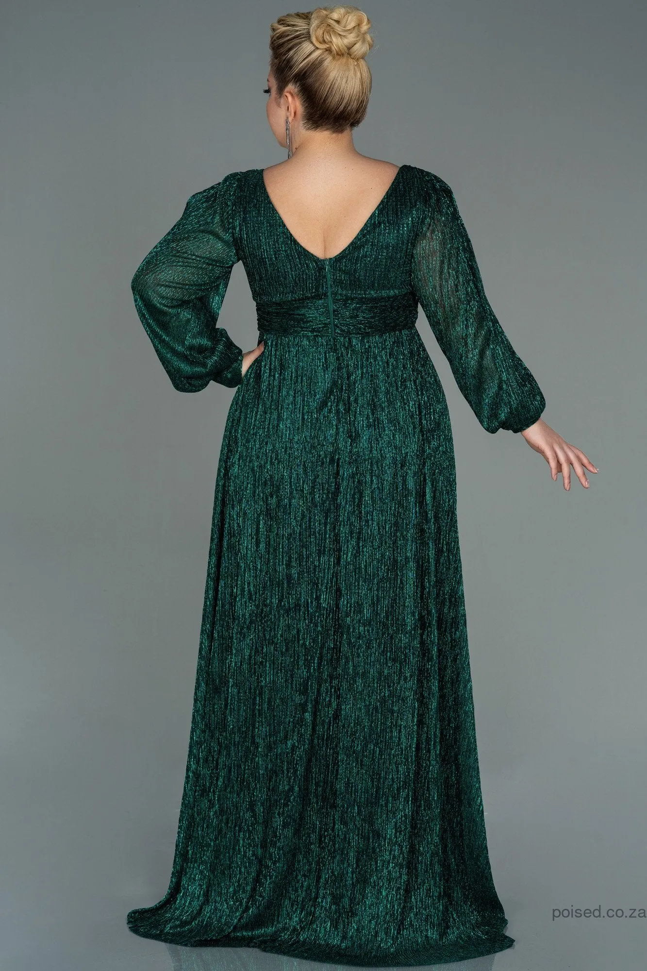 30157 Emerald Green Draped Waist Slit Sleeve Shimmer Dress
