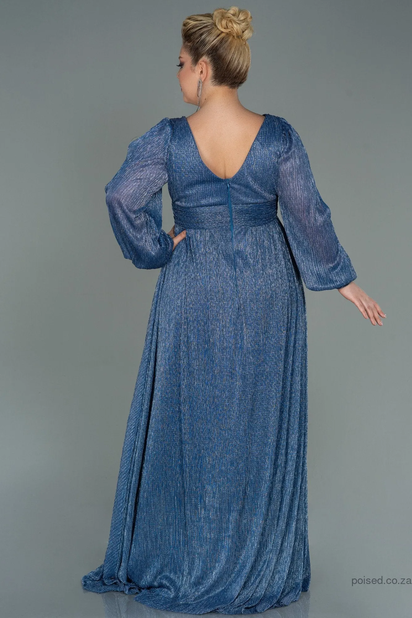 30160 Blue Draped Waist Slit Sleeve Shimmer Dress