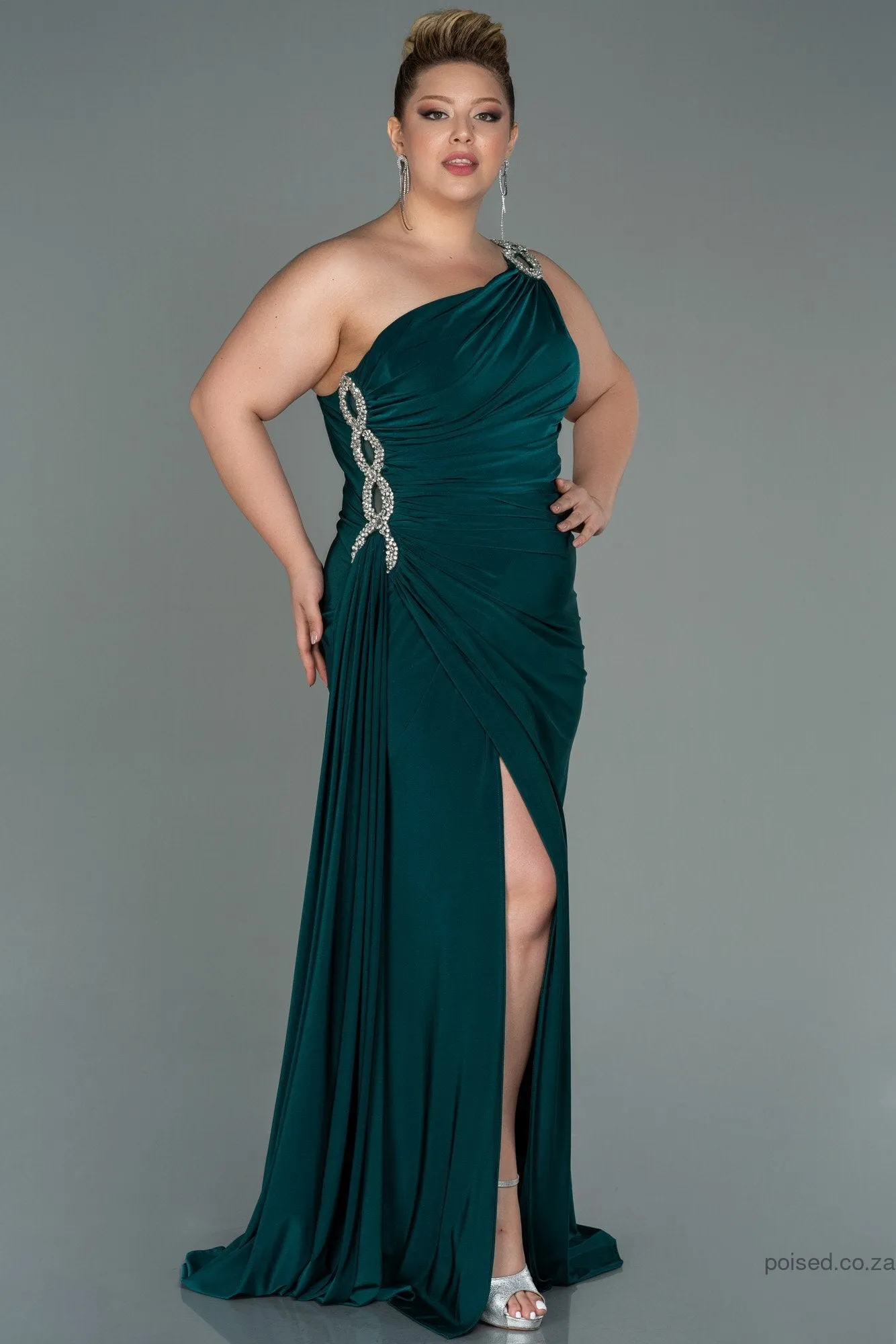 30162 Green One Shoulder Draped Slit Dress
