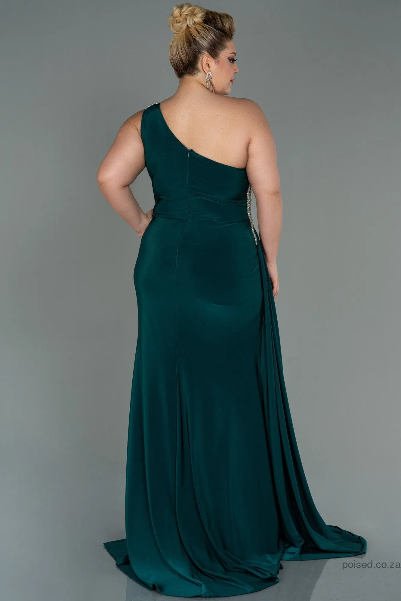 30162 Green One Shoulder Draped Slit Dress
