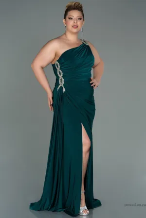 30162 Green One Shoulder Draped Slit Dress