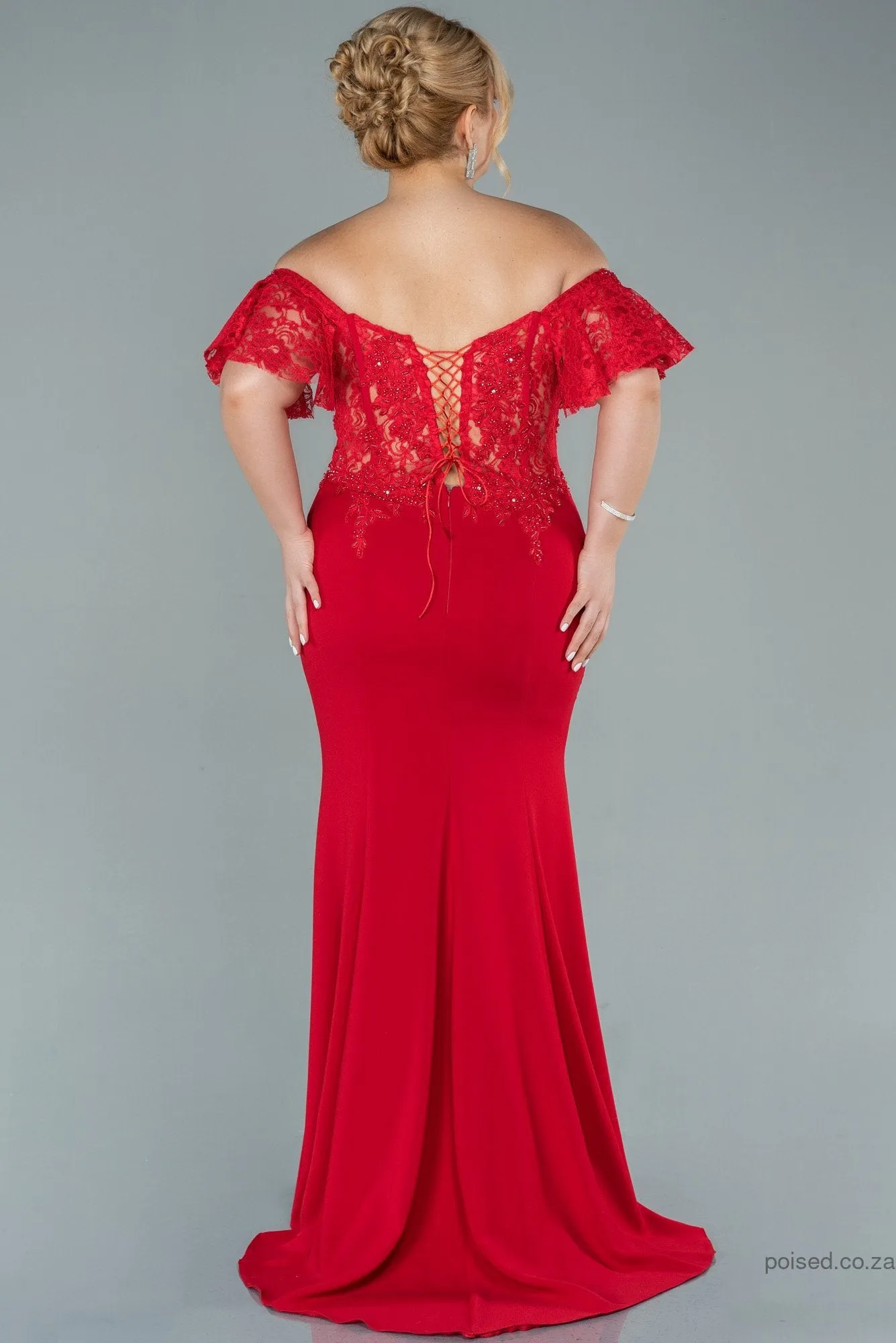 30171 Red Off-Shoulder Transparent Waist Slit Mermaid Dress