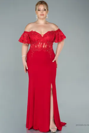 30171 Red Off-Shoulder Transparent Waist Slit Mermaid Dress