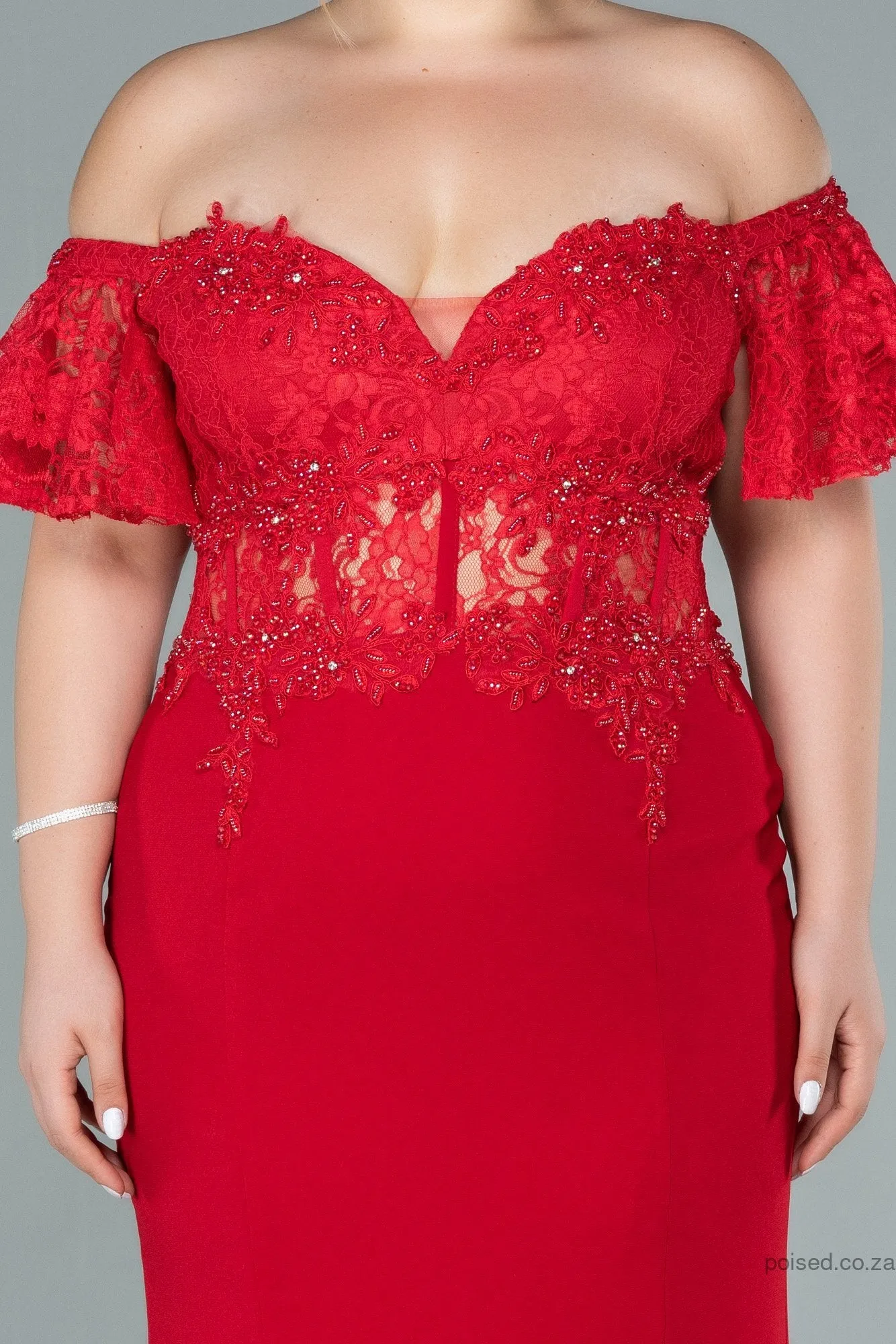 30171 Red Off-Shoulder Transparent Waist Slit Mermaid Dress