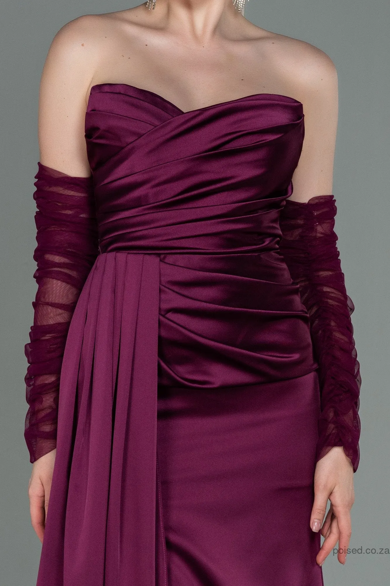 30177 Plum Draped Slit Strapless Dress