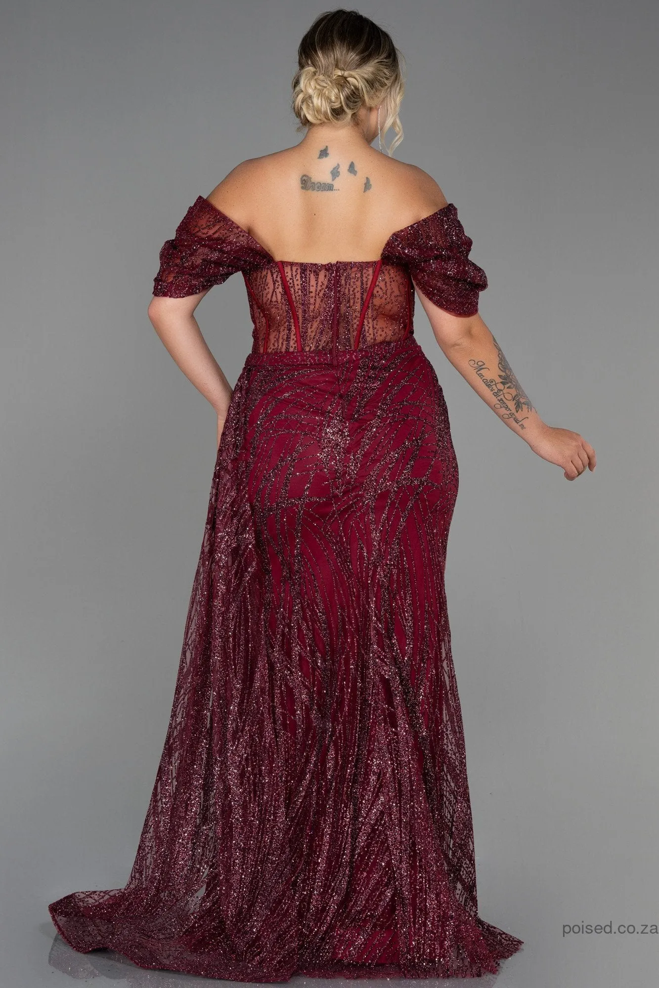 30185 Burgundy Off-Shoulder Sheer Corset Slit Dress