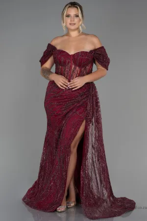 30185 Burgundy Off-Shoulder Sheer Corset Slit Dress