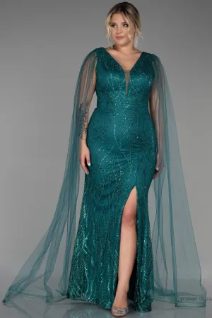 30189 Emerald Green Sequins Tulle Slit Dress