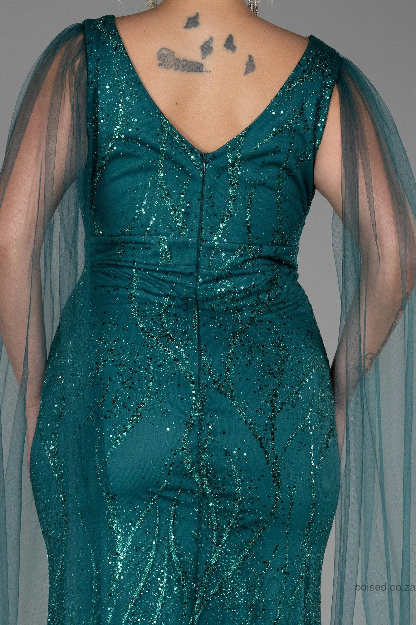 30189 Emerald Green Sequins Tulle Slit Dress
