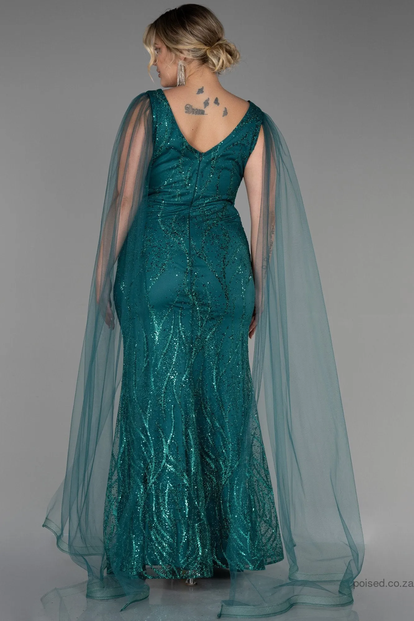 30189 Emerald Green Sequins Tulle Slit Dress