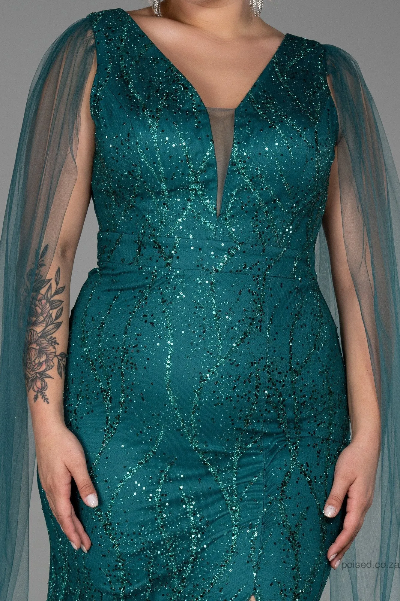 30189 Emerald Green Sequins Tulle Slit Dress