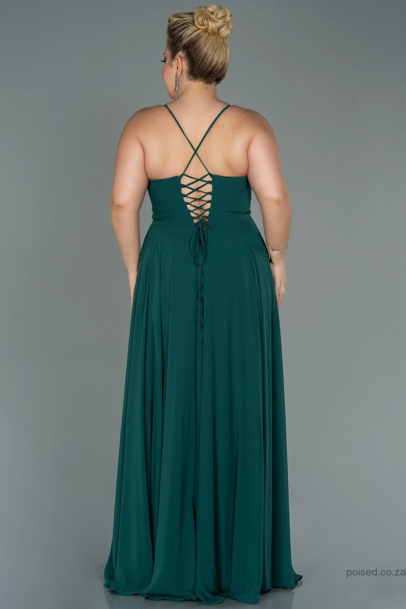 30203 Emerald Green Back Cross Strap Slit Chiffon Dress