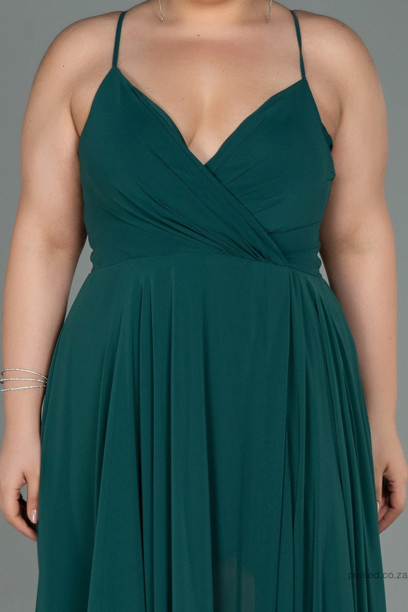 30203 Emerald Green Back Cross Strap Slit Chiffon Dress