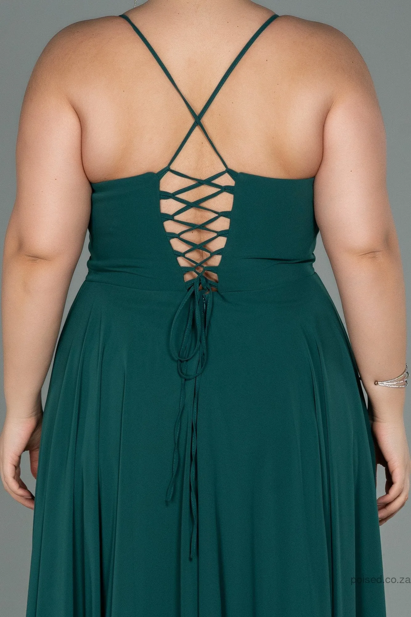 30203 Emerald Green Back Cross Strap Slit Chiffon Dress