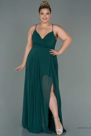 30203 Emerald Green Back Cross Strap Slit Chiffon Dress